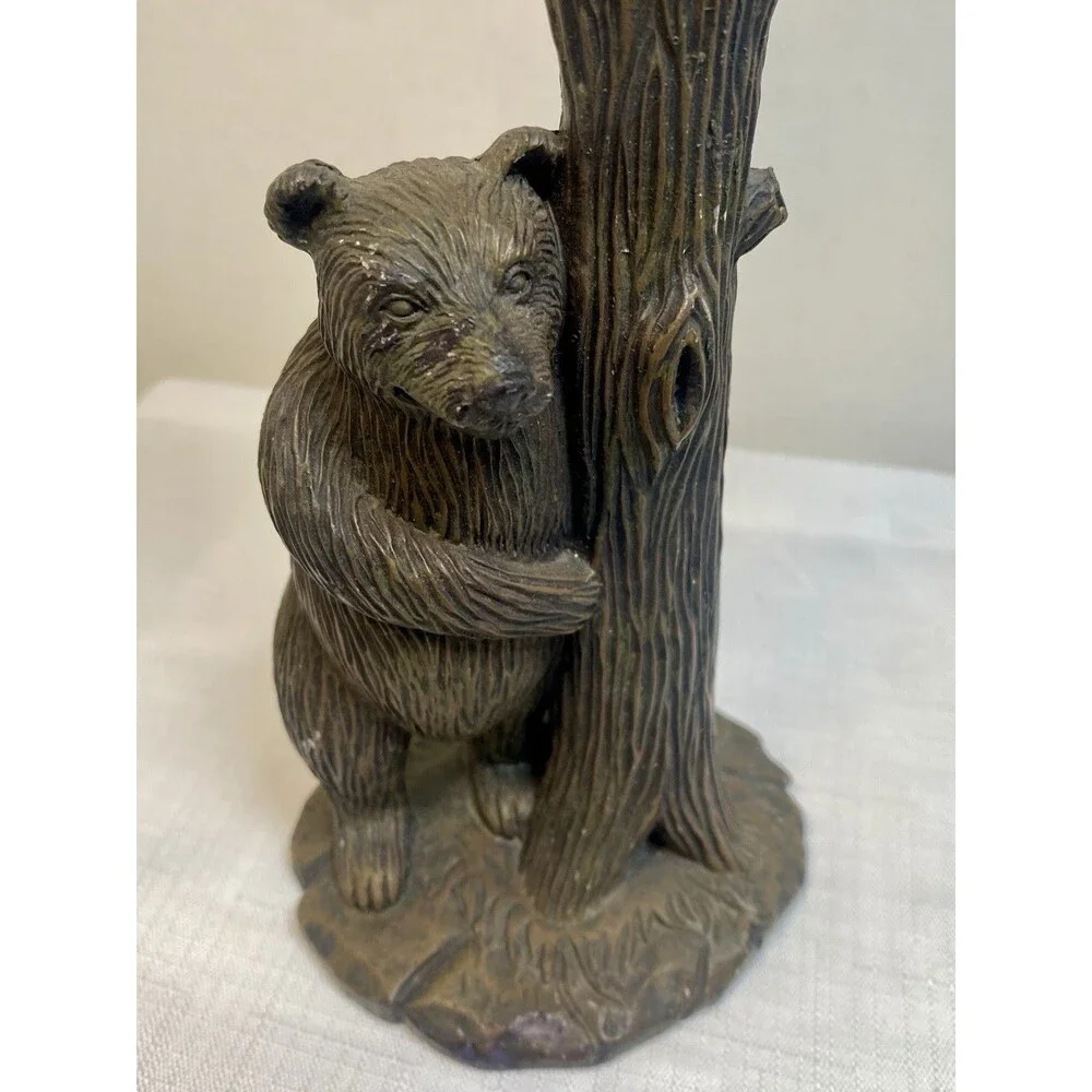 Black Bear Around Tree 11”Candleabrum MCM Candle Holder Rustic Woodland Mancave